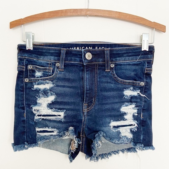 American Eagle Outfitters Pants - American Eagle dark wash destroyed denim shorts stretch hi-rise shortie‎ 0